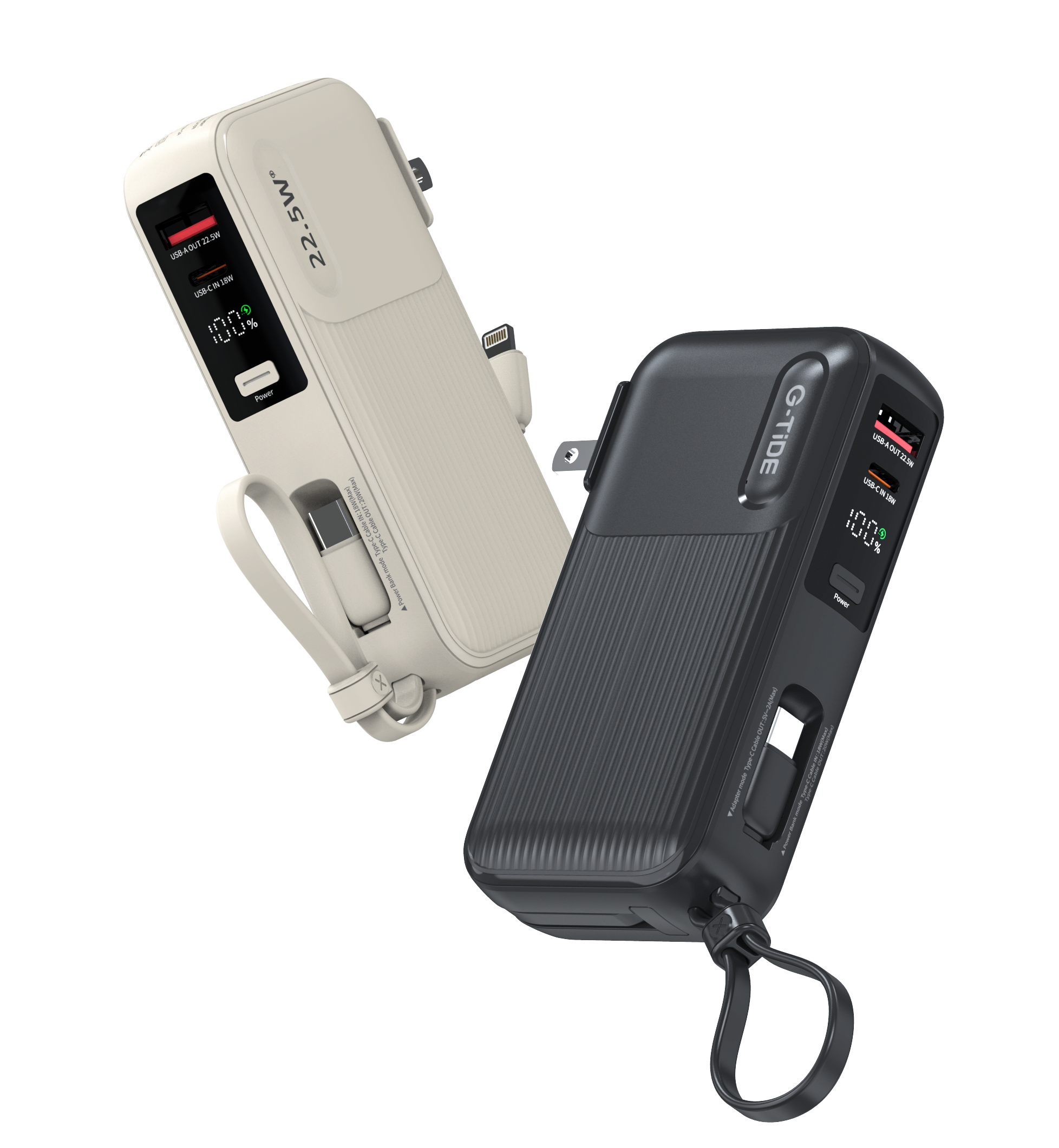 Power Bank G-Tide Traveler 1 — 10.000 mAh | Carga Rápida 22.5W + Cables USB-C y Lightning + Enchufe Integrado