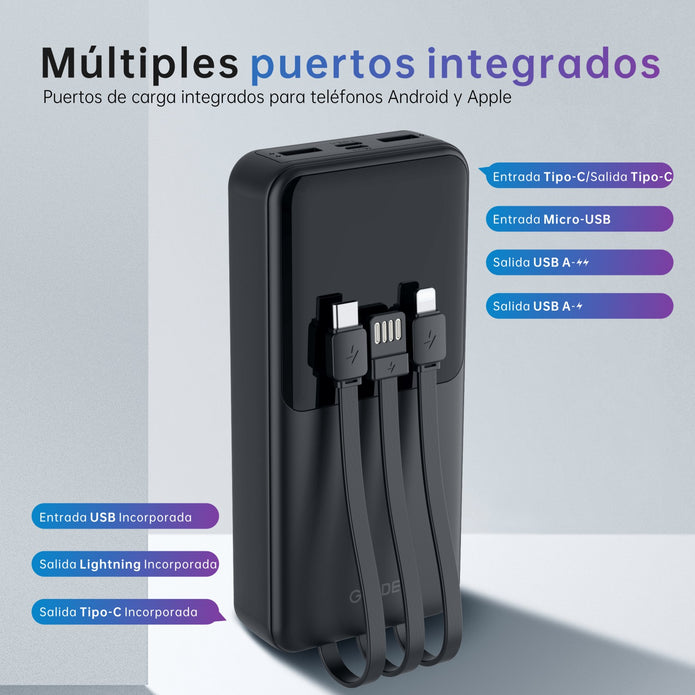 Power Bank G-Tide Easy 2 — 20.000 mAh | Carga Rápida 22.5W + Cables USB-C y Lightning Integrados