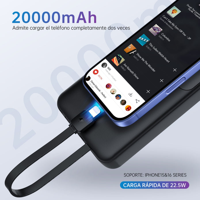 Power Bank G-Tide Easy 2 — 20.000 mAh | Carga Rápida 22.5W + Cables USB-C y Lightning Integrados