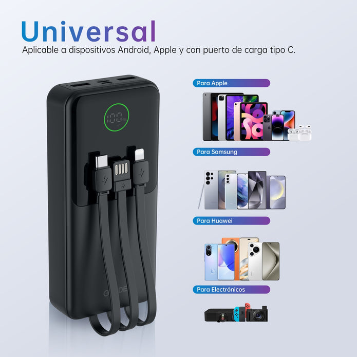 Power Bank G-Tide Easy 2 — 20.000 mAh | Carga Rápida 22.5W + Cables USB-C y Lightning Integrados